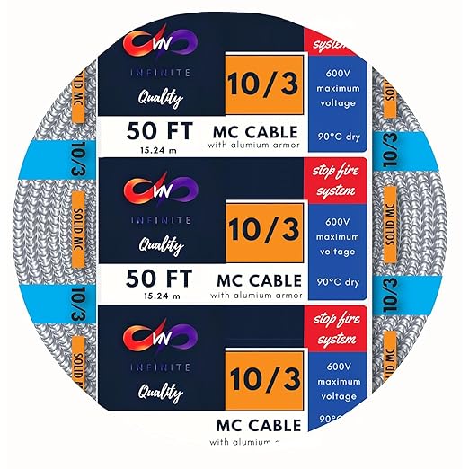 MC Cable 10/3 - Metal Clad 25ft - 50ft - 100ft - 125ft, Coil Aluminium Armor Stranded Copper Conductor - Cable for Indoor