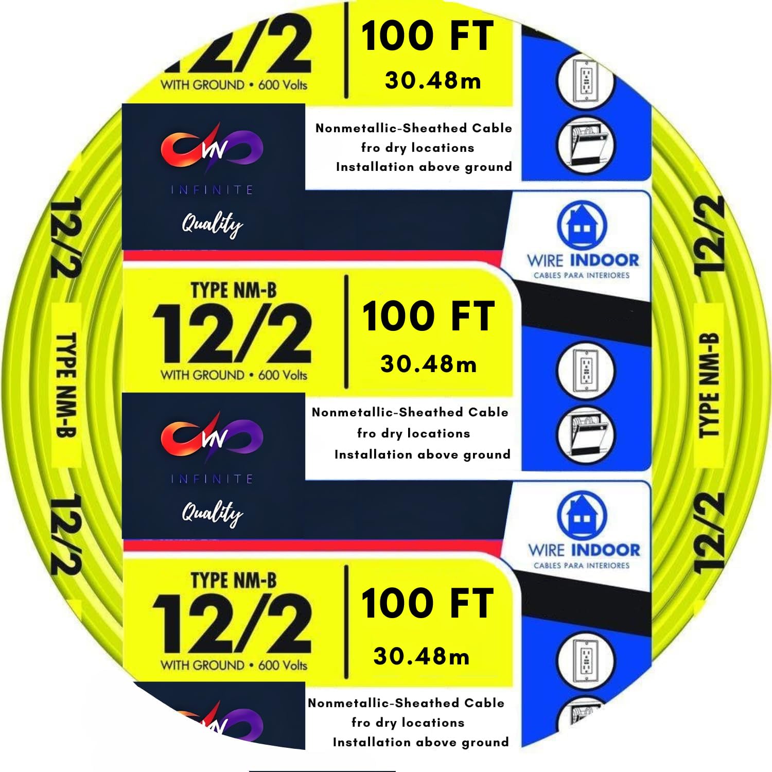 12/2 Type W/G NM-B Solid Indoor Sheathed Cable 25ft - 50ft - 100ft - 250ft Coil, Yellow Electrical Wire 12 Gauge Wire 2 Conductors Non-Metallic with Ground Wire