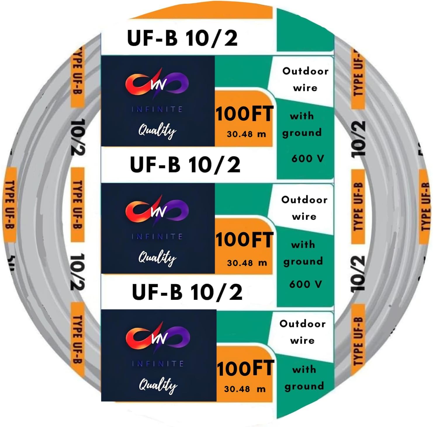10/2 UF-B Wire 10 Gauge Outdoor Direct Burial Electrical Underground Cable 10AWG 2 Connector Insulated Jacket Gray 25ft-50ft-100ft
