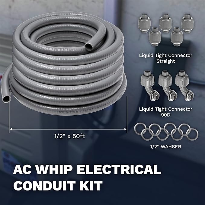 1/2"-3/4" Liquid-Tight Conduit UL Certification - Flexible Non-Metallic Liquid Tight Electrical Flexible Conduit with 5 Straight and 3 90-Degree Connector Fittings