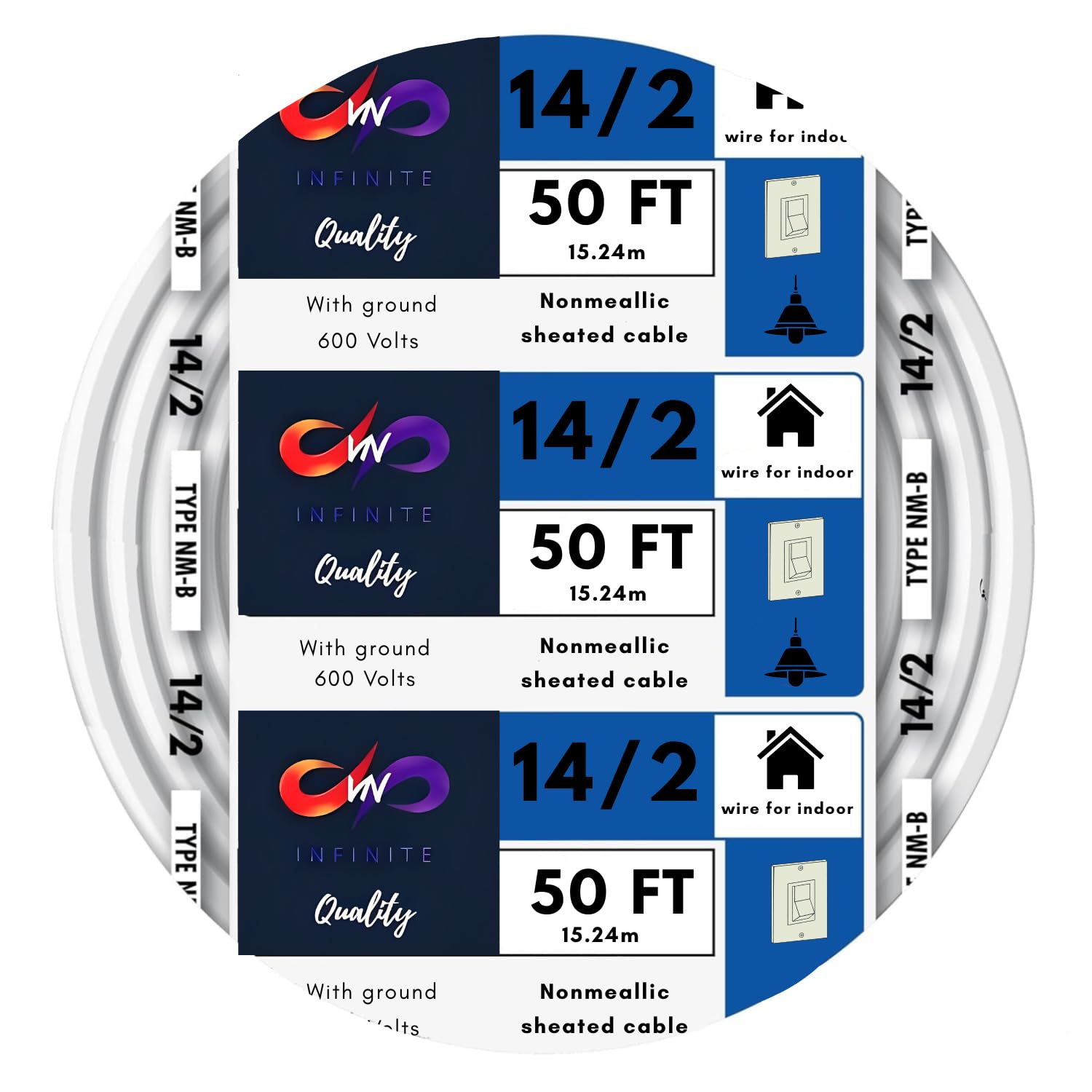 Solid Indoor Wire 14/2 W/G NMB Cable 25ft-50ft-250ft Coil - Copper Building Wire Cable SW 28827423