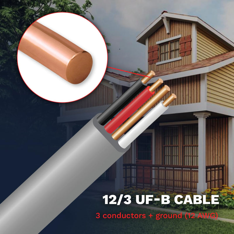 Electrical Wire 12/3 UF-B Underground Feeder and Branch Circuit Cable, 25ft - 50ft Coil, Gray Cable Outdoor and Indoor Wire