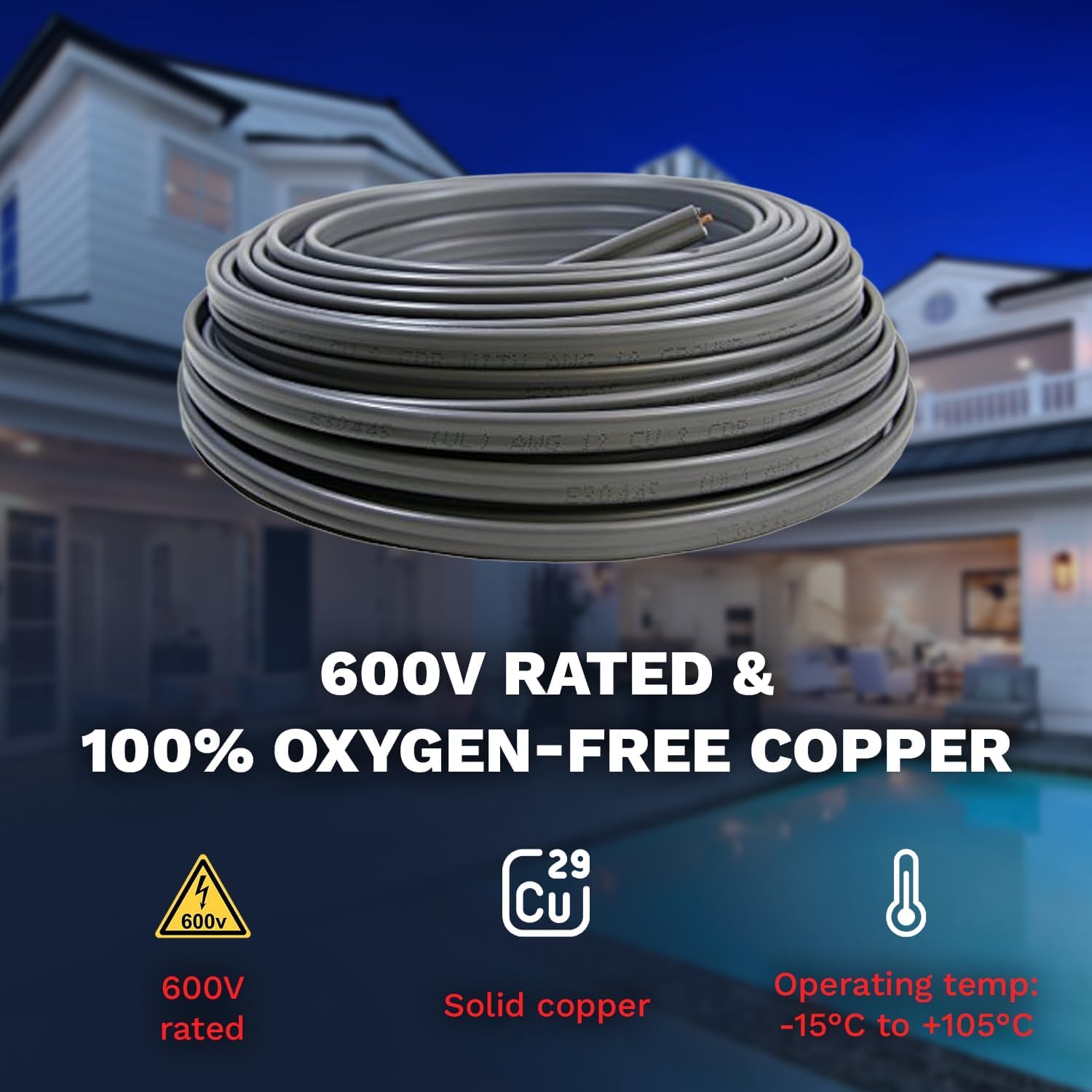 10/2 UF-B Wire 10 Gauge Outdoor Direct Burial Electrical Underground Cable 10AWG 2 Connector Insulated Jacket Gray 25ft-50ft-100ft