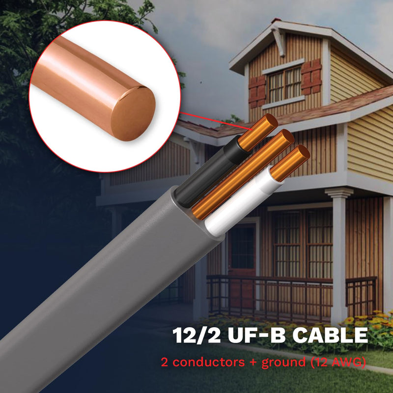 12/2 UF-B Wire Gray Solid Underground Feeder Cable 25ft - 50ft - 75ft Coil