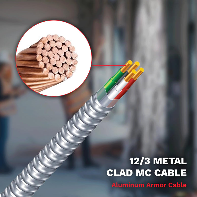 12/3 Metal Clad MC Cable 12-Gauge 3-Conductor Electric Wire with Aluminum Armor Cable with Ground for Indoor Outdoor 250 ft