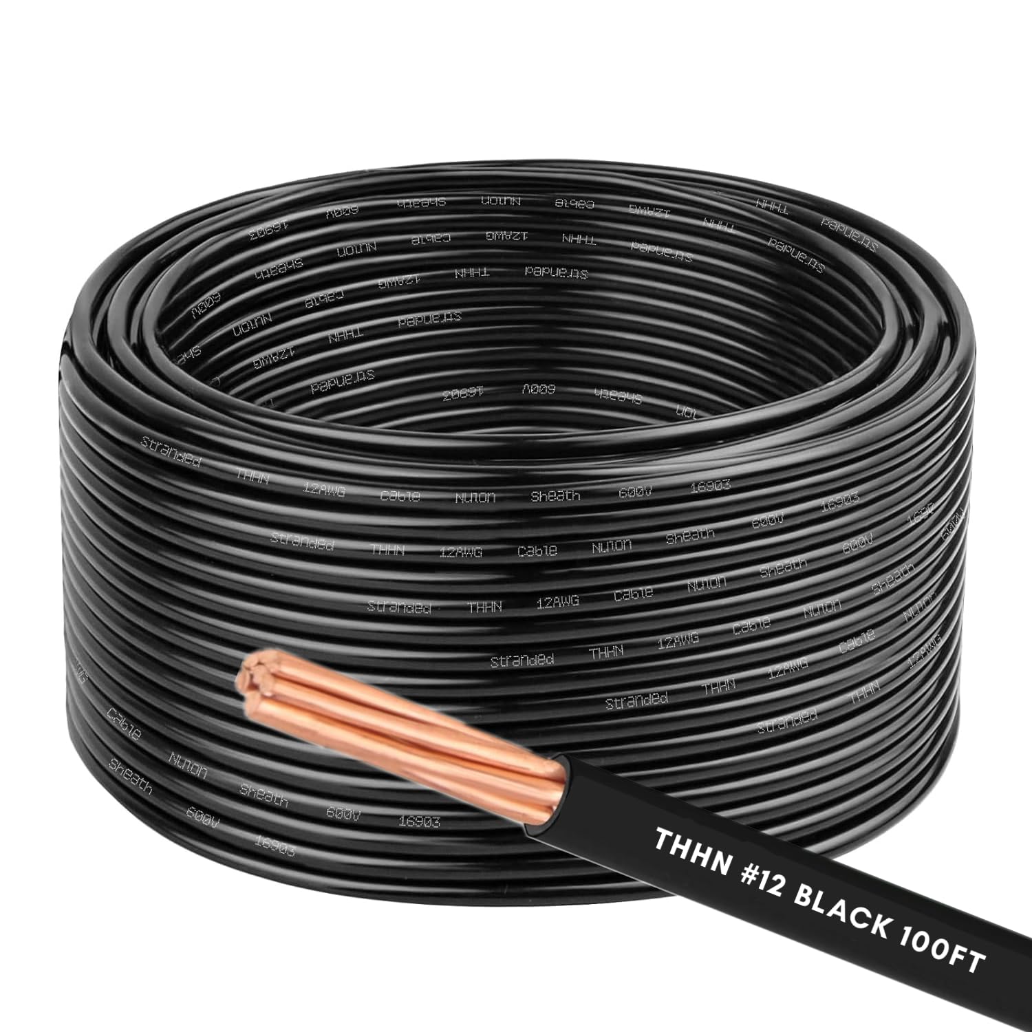12AWG THHN Wire 12 Gauge 100 FT OFC Copper Electrical Stranded Copper Conductor 600V Building Wire with PVC Nylon Insulation Black 100 ft
