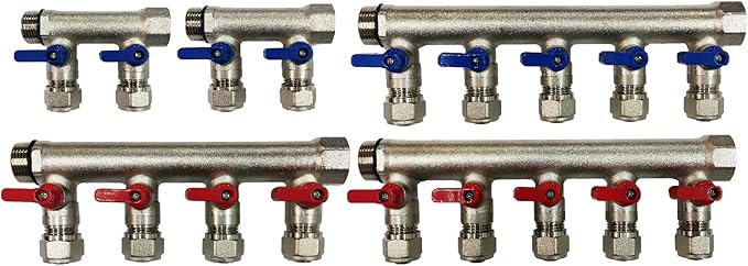 2 - 12 Loops Ball Valve Brass Pex Manifold 1" trunk for 1/2" Pex Tubing w/brackets