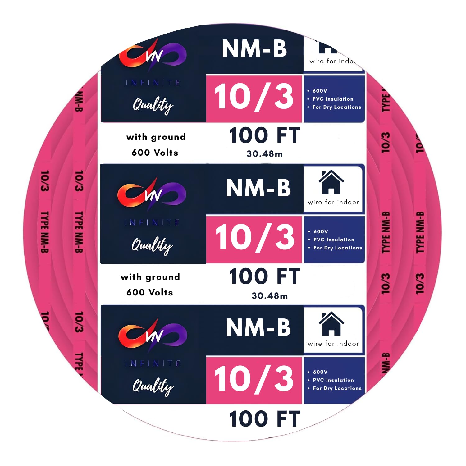 10/3 NM-B Copper Electrical Wire 10 Gauge 25ft - 50ft - 75ft - 100ft Coil, 3 Conductors with Groun Non-Mettalic, Sheathed Cable, Residential Indoor Pink