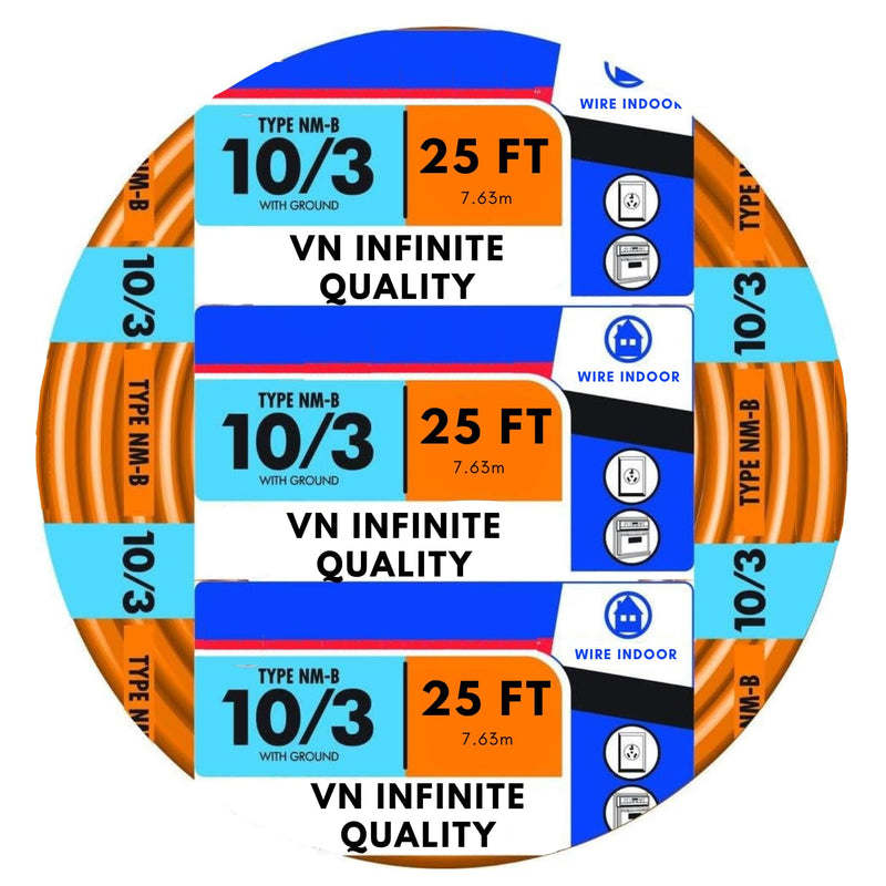 10/3 NM-B Sheathed Cable 15ft - 25ft - 50ft - 100ft Coil, Non-Metallic with Ground Residential Indoor Electrical Wire Type NM-B Orange