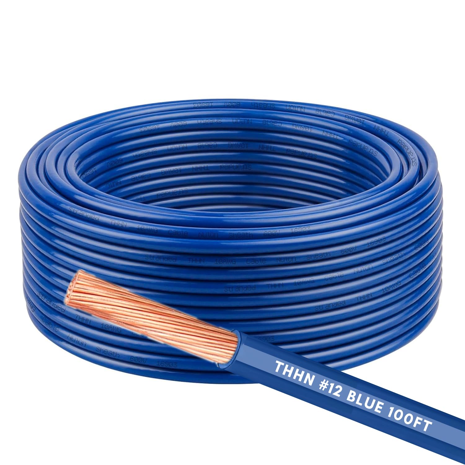 12AWG THHN Wire 12 Gauge 100 FT OFC Copper Electrical Stranded Copper Conductor 600V Building Wire with PVC Nylon Insulation Blue 100FT