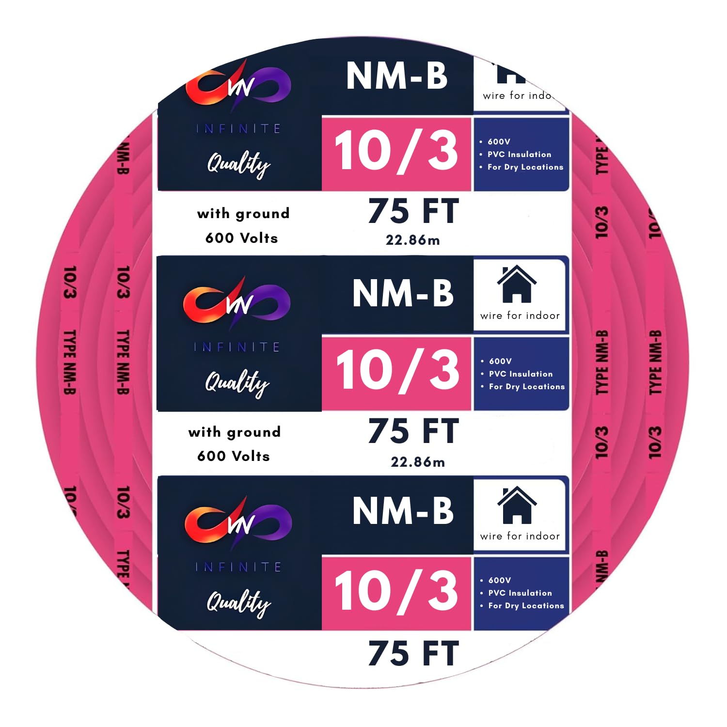 10/3 NM-B Copper Electrical Wire 10 Gauge 25ft - 50ft - 75ft - 100ft Coil, 3 Conductors with Groun Non-Mettalic, Sheathed Cable, Residential Indoor Pink