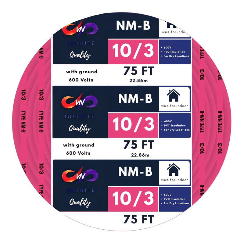 10/3 NM-B Copper Electrical Wire 10 Gauge 25ft - 50ft - 75ft - 100ft Coil, 3 Conductors with Groun Non-Mettalic, Sheathed Cable, Residential Indoor Pink