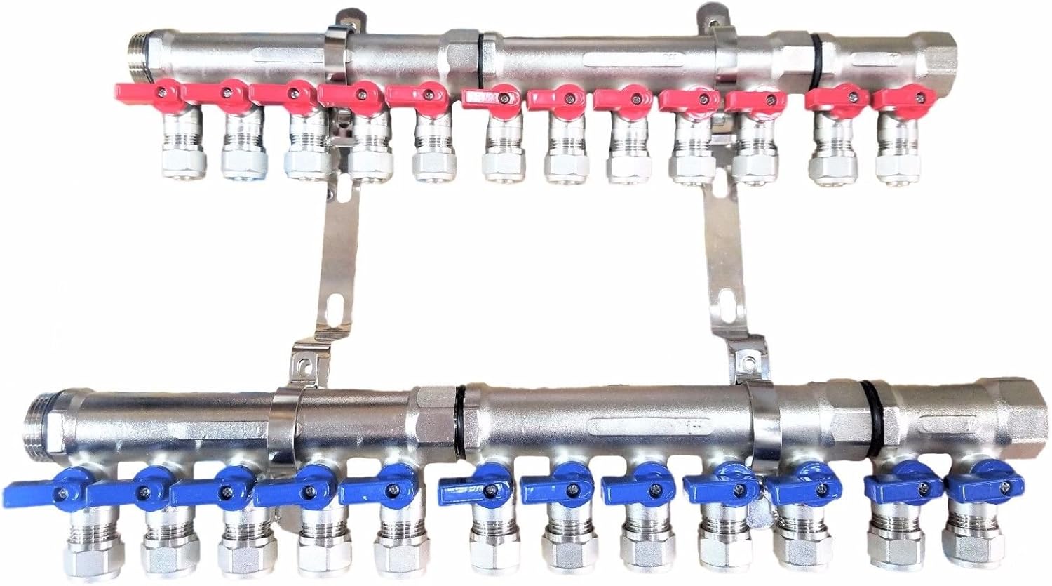 2 - 12 Loops Ball Valve Brass Pex Manifold 1" trunk for 1/2" Pex Tubing w/brackets