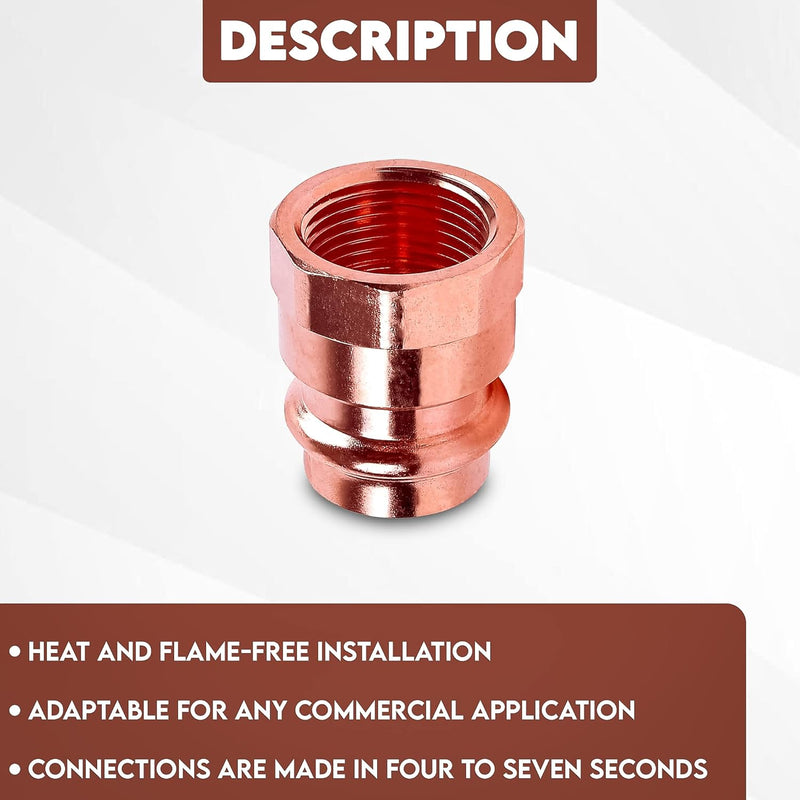 1/2" - 3/4" Copper Press Female Adapter –  FIP x Press LF ProPress Female NPT x Press Connection – Durable Adapter Pressure Copper Fitting for Commercial and Residential High-Pressure Systems