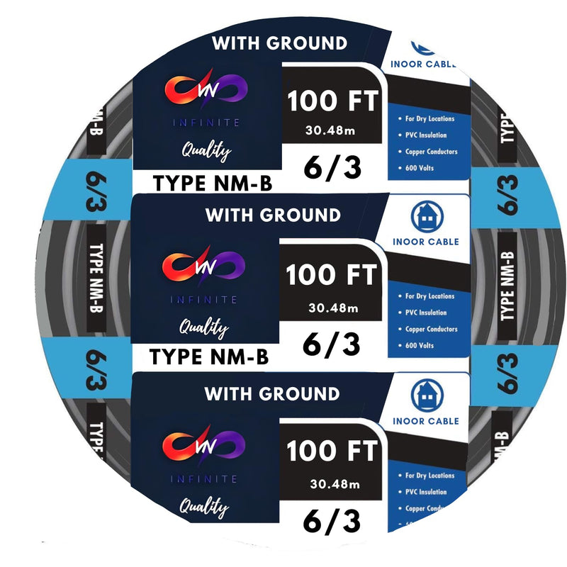 6/3 NM-B Residential Indoor Wire 15ft - 25ft - 50ft - 75ft - 100ft - 125ft Coil, Non-Metallic - Sheathed Cable Black
