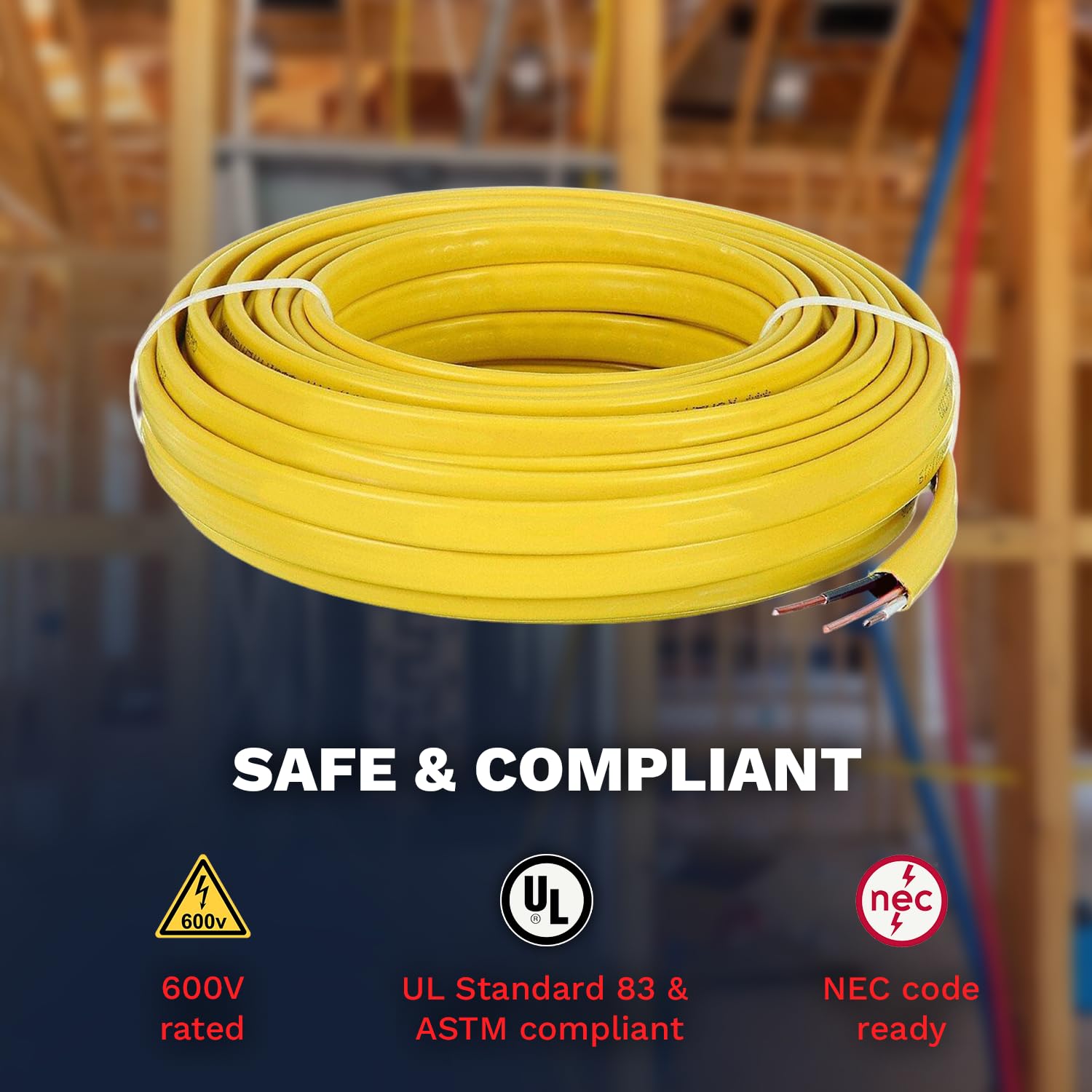 12/2 Type W/G NM-B Solid Indoor Sheathed Cable 25ft - 50ft - 100ft - 250ft Coil, Yellow Electrical Wire 12 Gauge Wire 2 Conductors Non-Metallic with Ground Wire