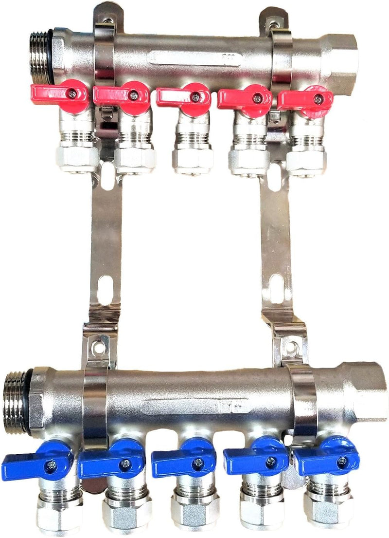 2 - 12 Loops Ball Valve Brass Pex Manifold 1" trunk for 1/2" Pex Tubing w/brackets