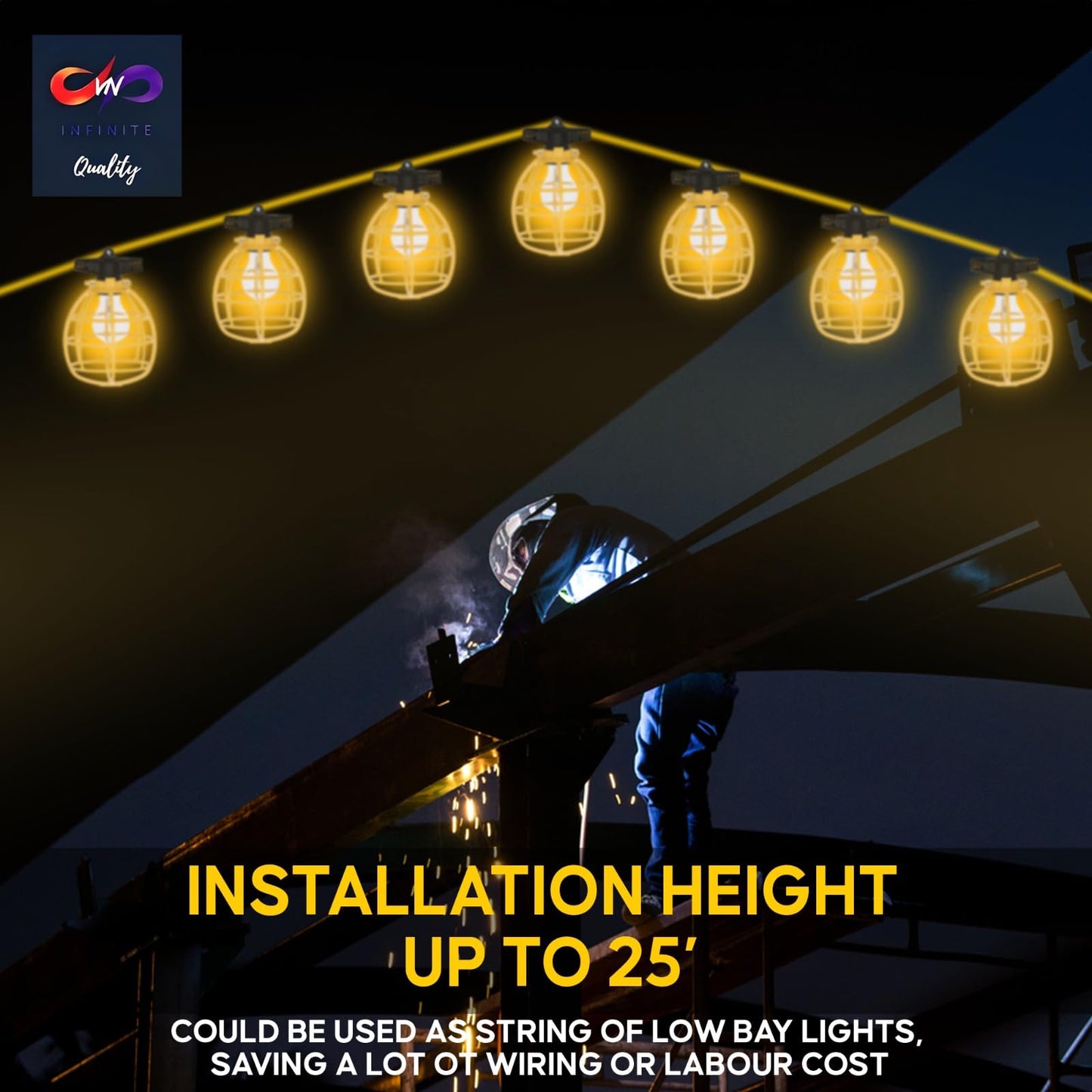 100FT Construction String Lights With 10 Sockets, Luminous Flux 10500 Lm