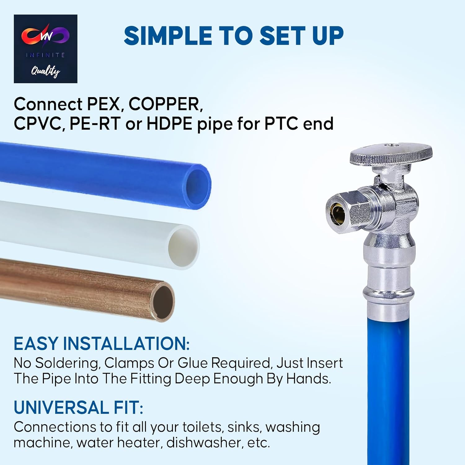 Press-fit valve - 1/2" abs x 3/8" OD - Water shutoff slide valve - Turn Press Angle Stop Valve - WC water shutoff valve - Water inlet valve for on and off