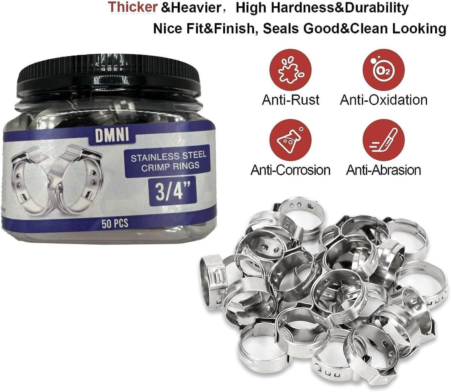 Stainless Steel Cinch Clamps Crimp Rings - 3/4" Pinch Clamps For Pex Tubing Pipe Fitting Connections - 50 PCS