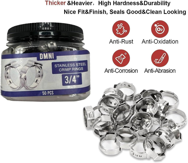 Stainless Steel Cinch Clamps Crimp Rings - 3/4" Pinch Clamps For Pex Tubing Pipe Fitting Connections - 50 PCS
