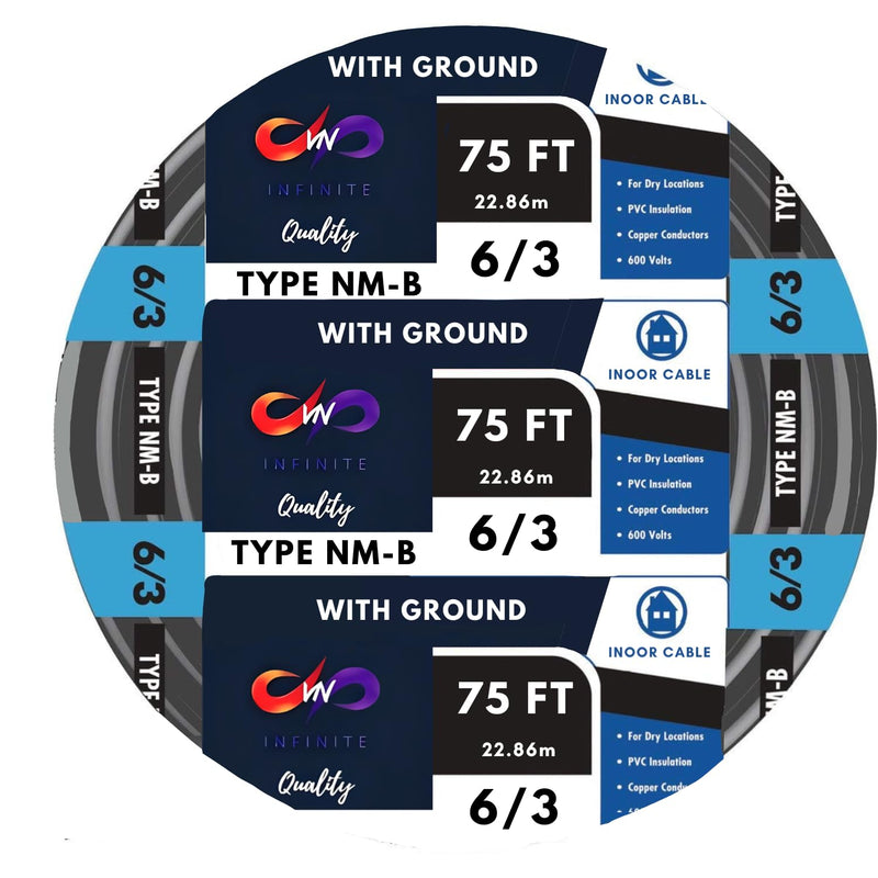 6/3 NM-B Residential Indoor Wire 15ft - 25ft - 50ft - 75ft - 100ft - 125ft Coil, Non-Metallic - Sheathed Cable Black