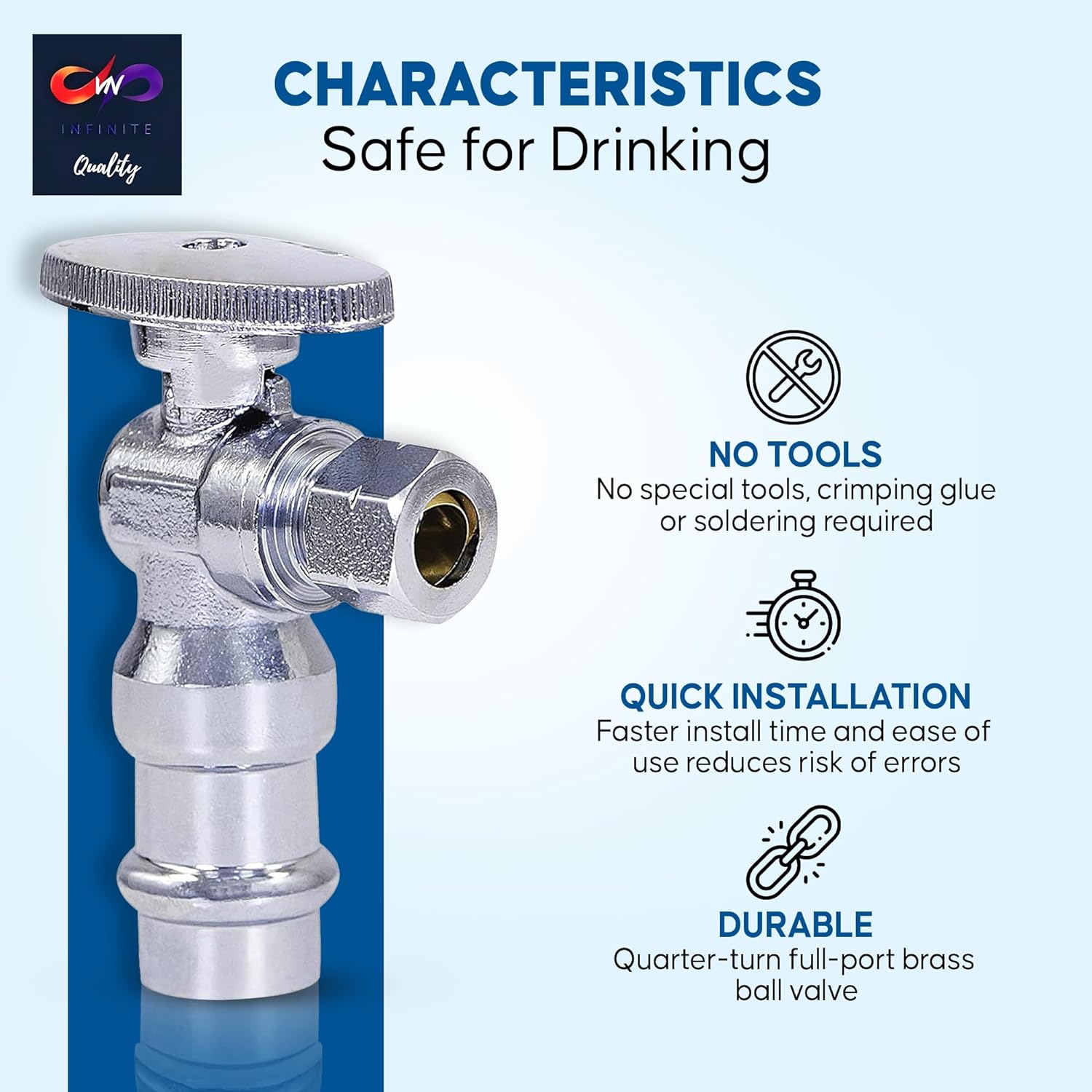 Press-fit valve - 1/2" abs x 3/8" OD - Water shutoff slide valve - Turn Press Angle Stop Valve - WC water shutoff valve - Water inlet valve for on and off