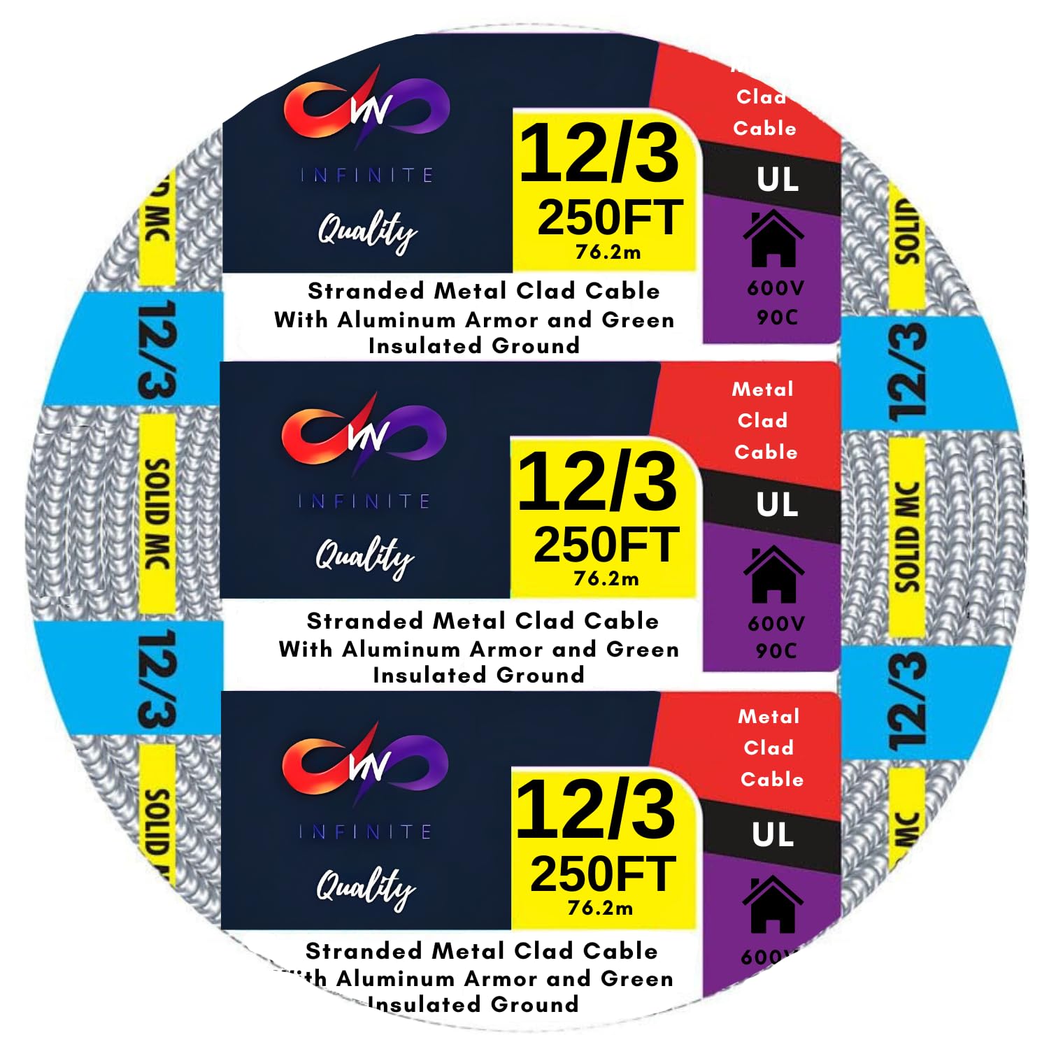 12/3 Metal Clad MC Cable 12-Gauge 3-Conductor Electric Wire with Aluminum Armor Cable with Ground for Indoor Outdoor 250 ft
