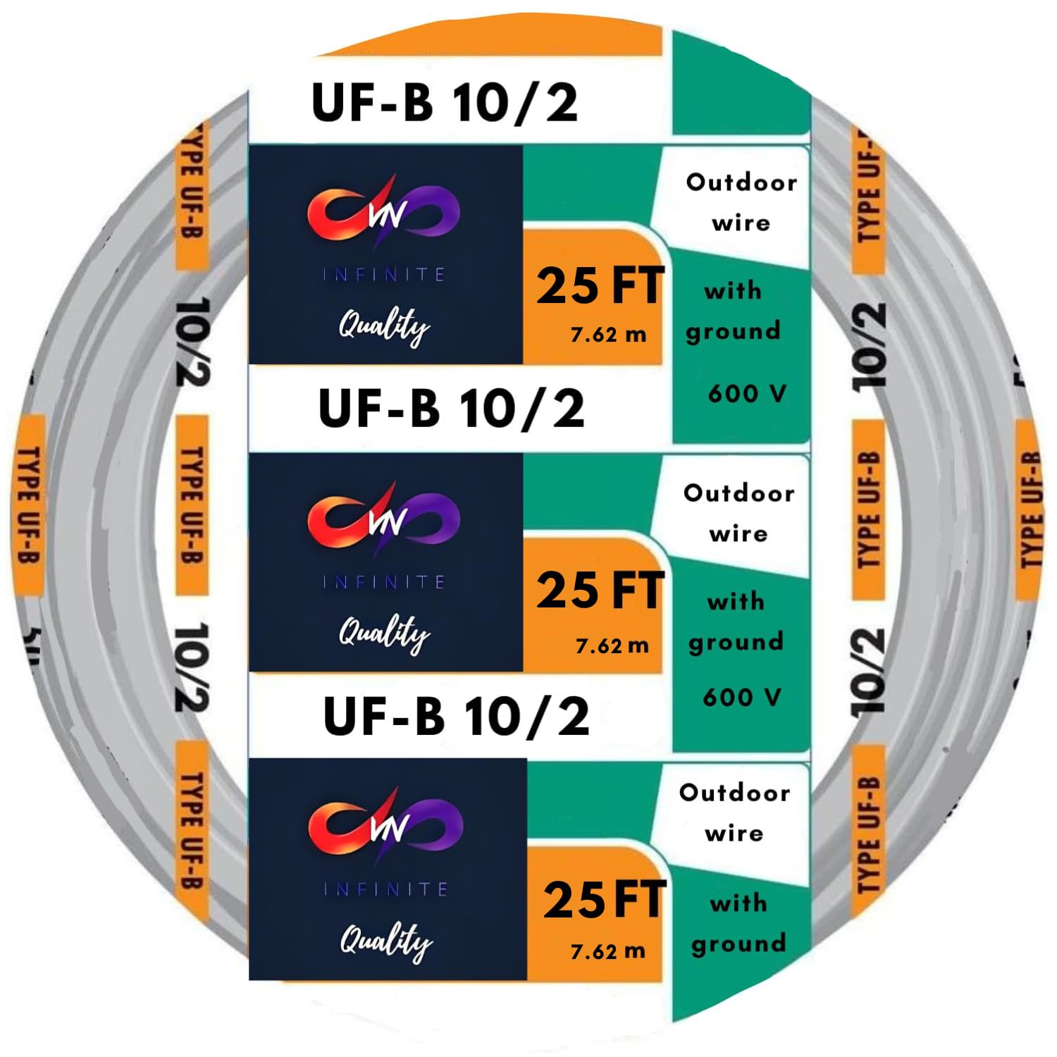 10/2 UF-B Wire 10 Gauge Outdoor Direct Burial Electrical Underground Cable 10AWG 2 Connector Insulated Jacket Gray 25ft-50ft-100ft