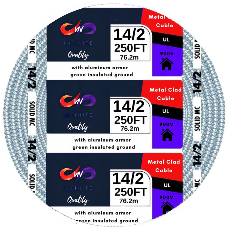 14/2 Metal Clad 250 ft MC Cable 14 Gauge 2 Conductor Electric Wire with Aluminum Armor Cable with Ground for Indoor Outdoor 250 ft