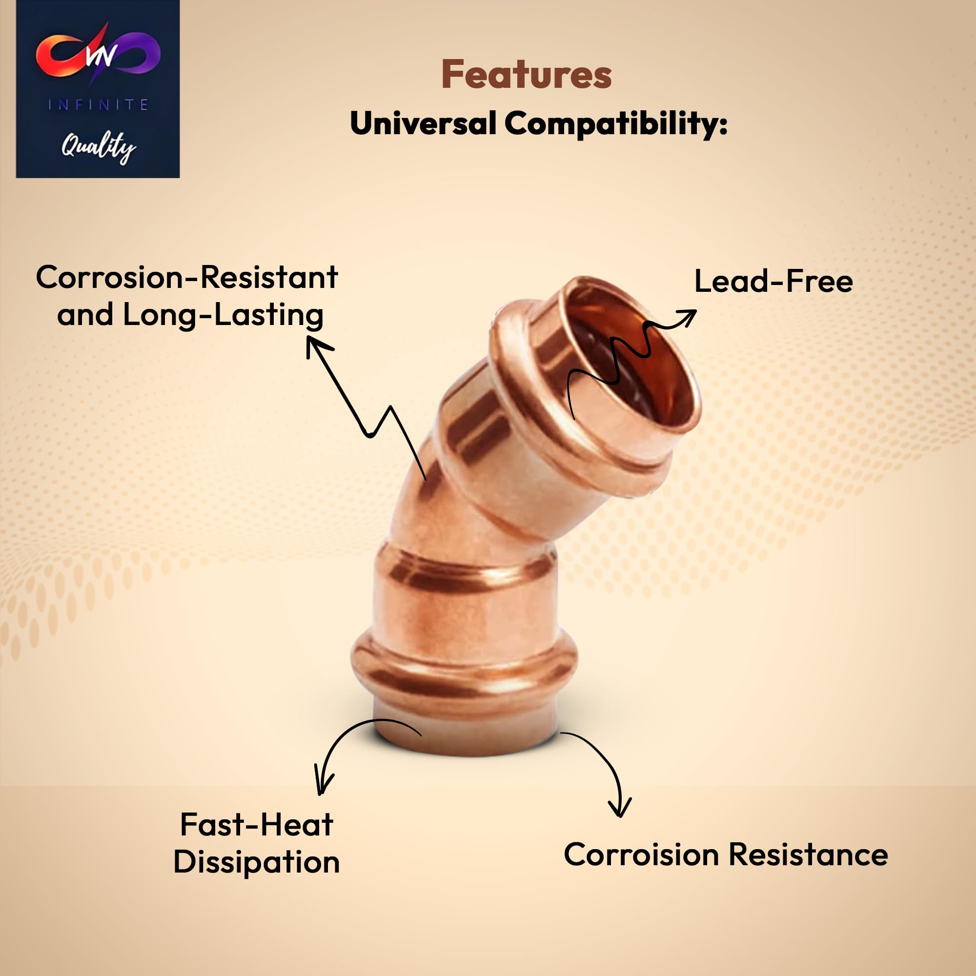 45 Degree Elbow Copper Fitting - 1” - 1/2" - 3/4" - Copper Elbow Cpvc Pipe Fitting - 45 Degree Copper Elbow Pipe For Plumbing & Heating Systems