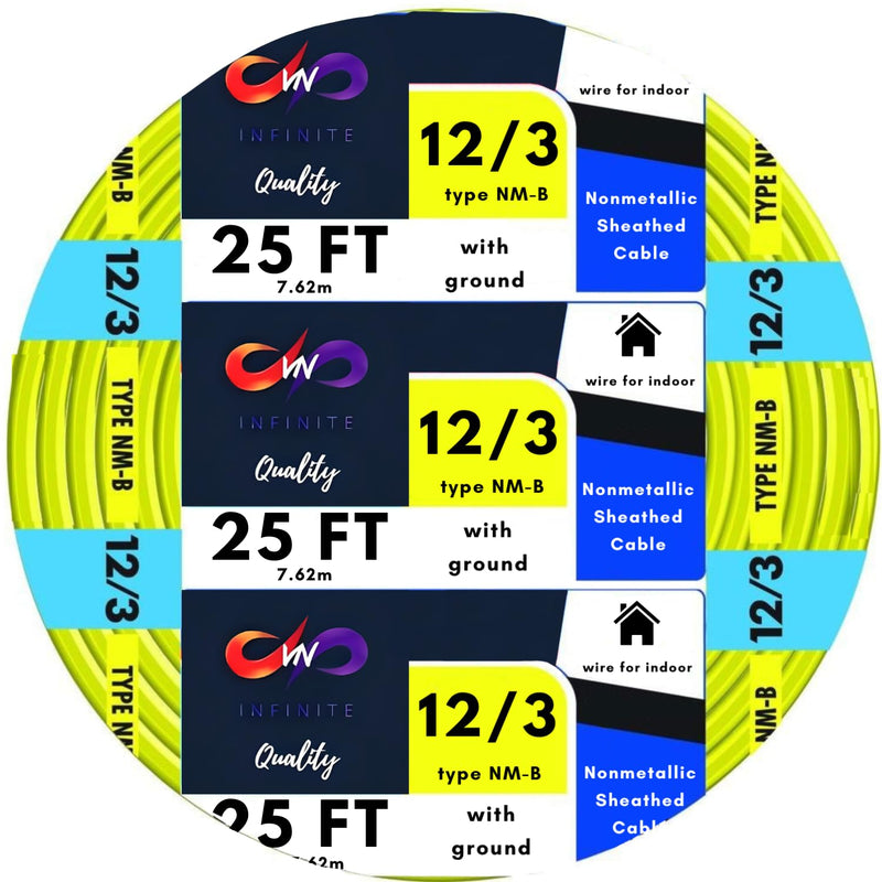 Solid Indoor Wire 12/3 W/G NMB Cable 25ft - 50ft - 100ft Coil, Residential Indoor Electrical Wire Type NM-B; Yellow SW# 63947622