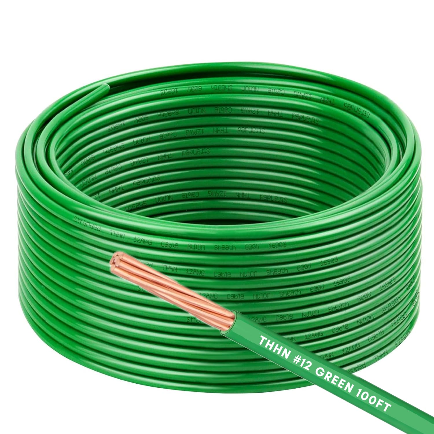 12AWG THHN Wire 12 Gauge 100 FT OFC Copper Electrical Stranded Copper Conductor 600V Building Wire with PVC Nylon Insulation Green 100 ft