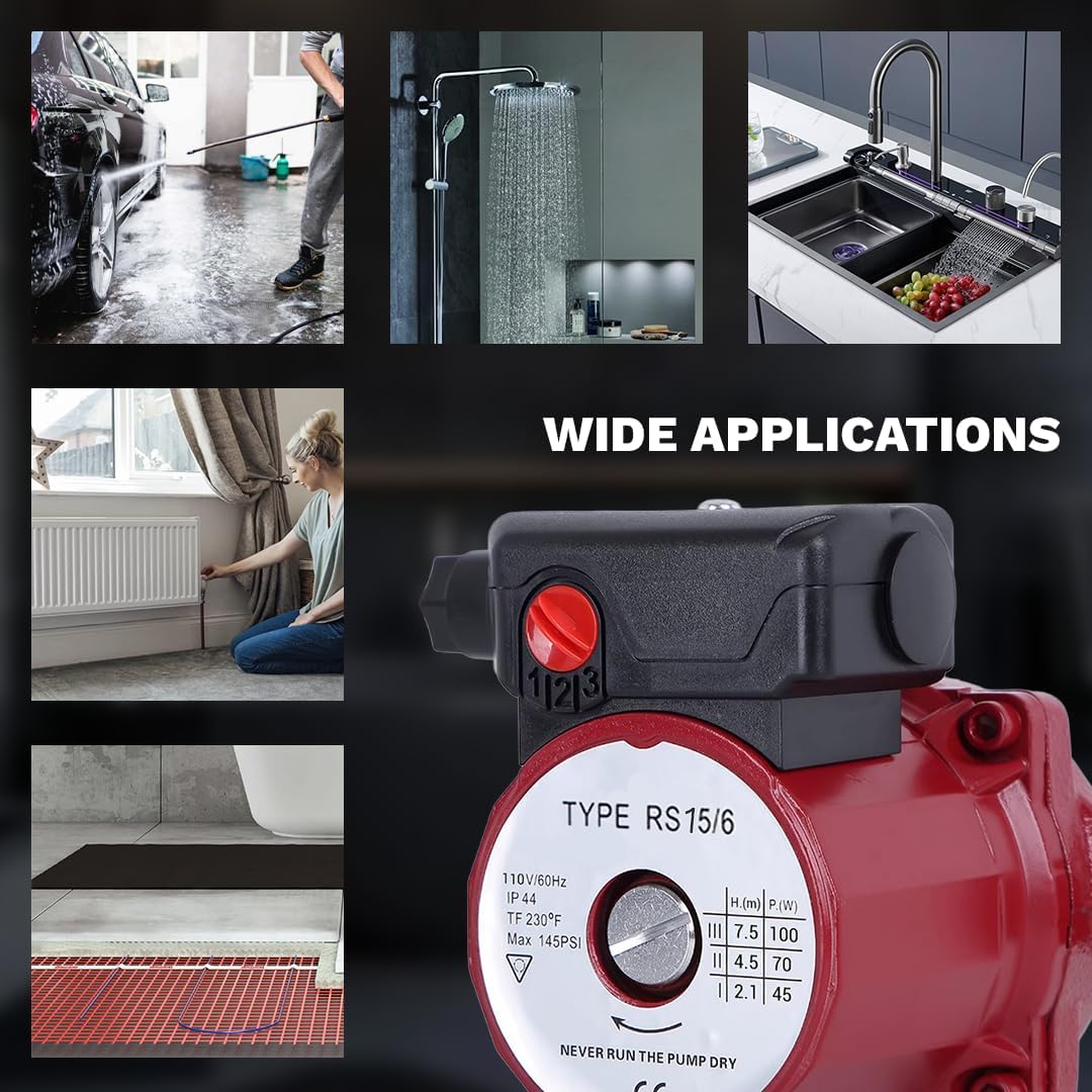 110V 130W Water Pressure Booster Pump 3-Speed Cast Iron Hot Water Circulation Recirculating Pump 3/4 NPT for Floor Boiler Hot Water Heater System (RS15/6-130 Red)