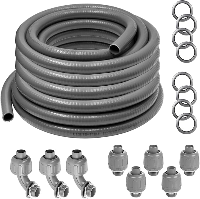 1/2"-3/4" Liquid-Tight Conduit UL Certification - Flexible Non-Metallic Liquid Tight Electrical Flexible Conduit with 5 Straight and 3 90-Degree Connector Fittings