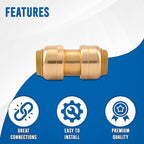 1/2" x 1/2" - 3/4" x 3/4" Pushfit Straight Coupling, PEX Brass Push-fit Coupling, Straight Coupling Push-Fit Fitting to Connect Pex, Push-to-Connect Plumbing Fittings for PEX, Copper, CPVC