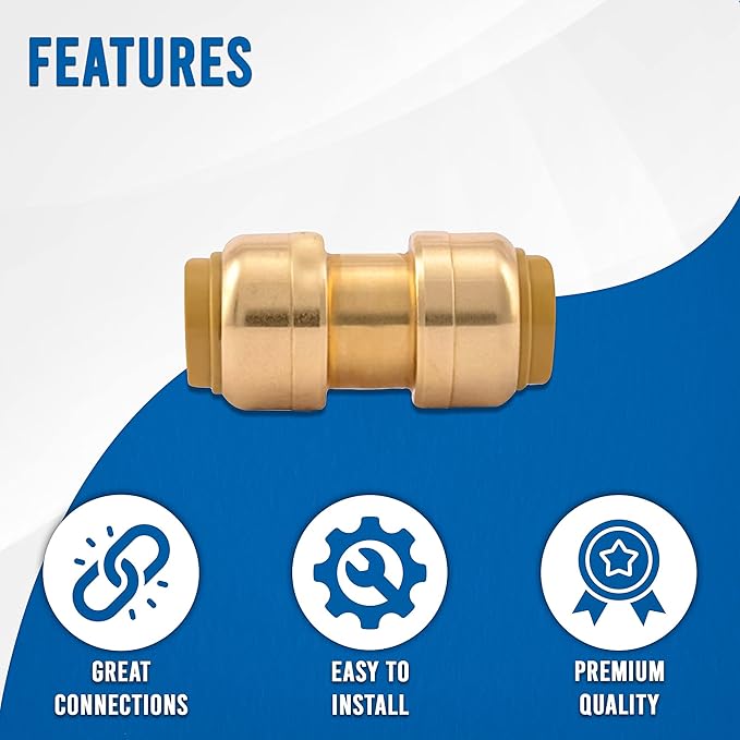 1/2" x 1/2" - 3/4" x 3/4" Pushfit Straight Coupling, PEX Brass Push-fit Coupling, Straight Coupling Push-Fit Fitting to Connect Pex, Push-to-Connect Plumbing Fittings for PEX, Copper, CPVC