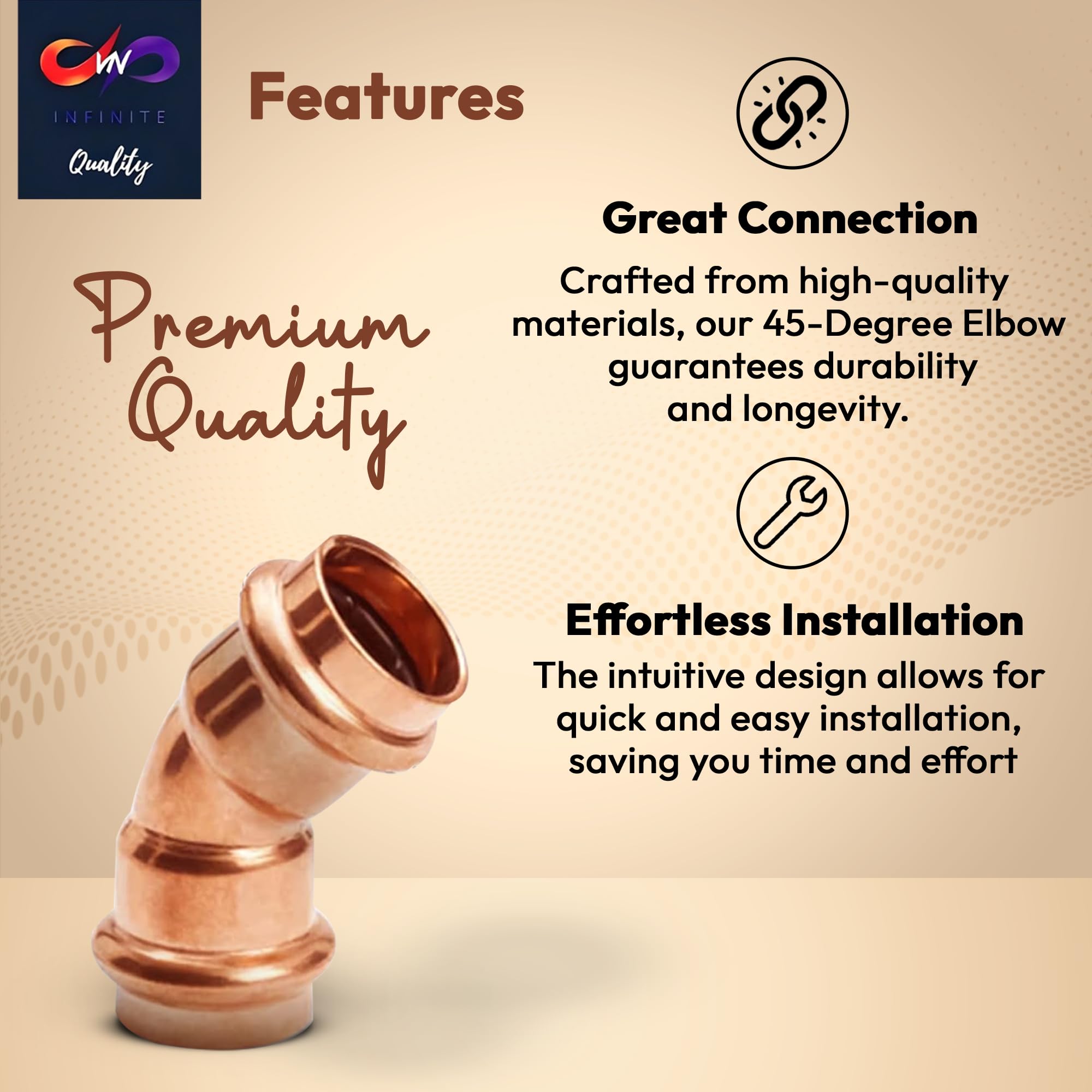 45 Degree Elbow Copper Fitting - 1” - 1/2" - 3/4" - Copper Elbow Cpvc Pipe Fitting - 45 Degree Copper Elbow Pipe For Plumbing & Heating Systems