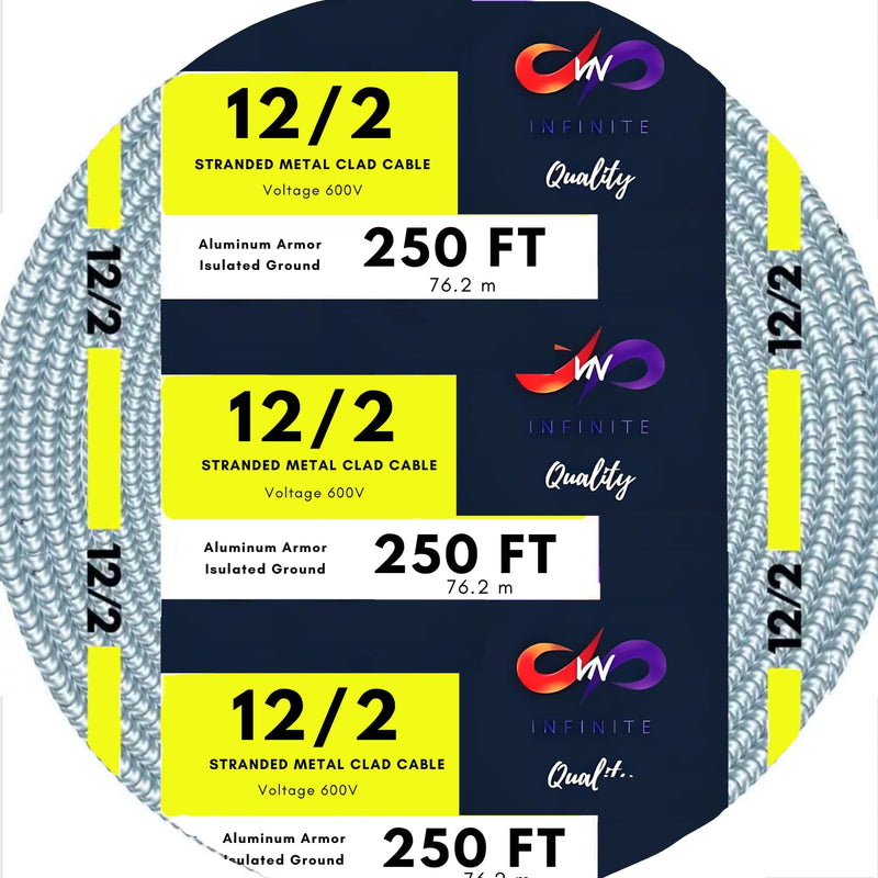 Solid Metal Clad 12/2 Cable with Ground Wire 250 Feet - MC Aluminium Armor - Copper Conductor 250ft Cut