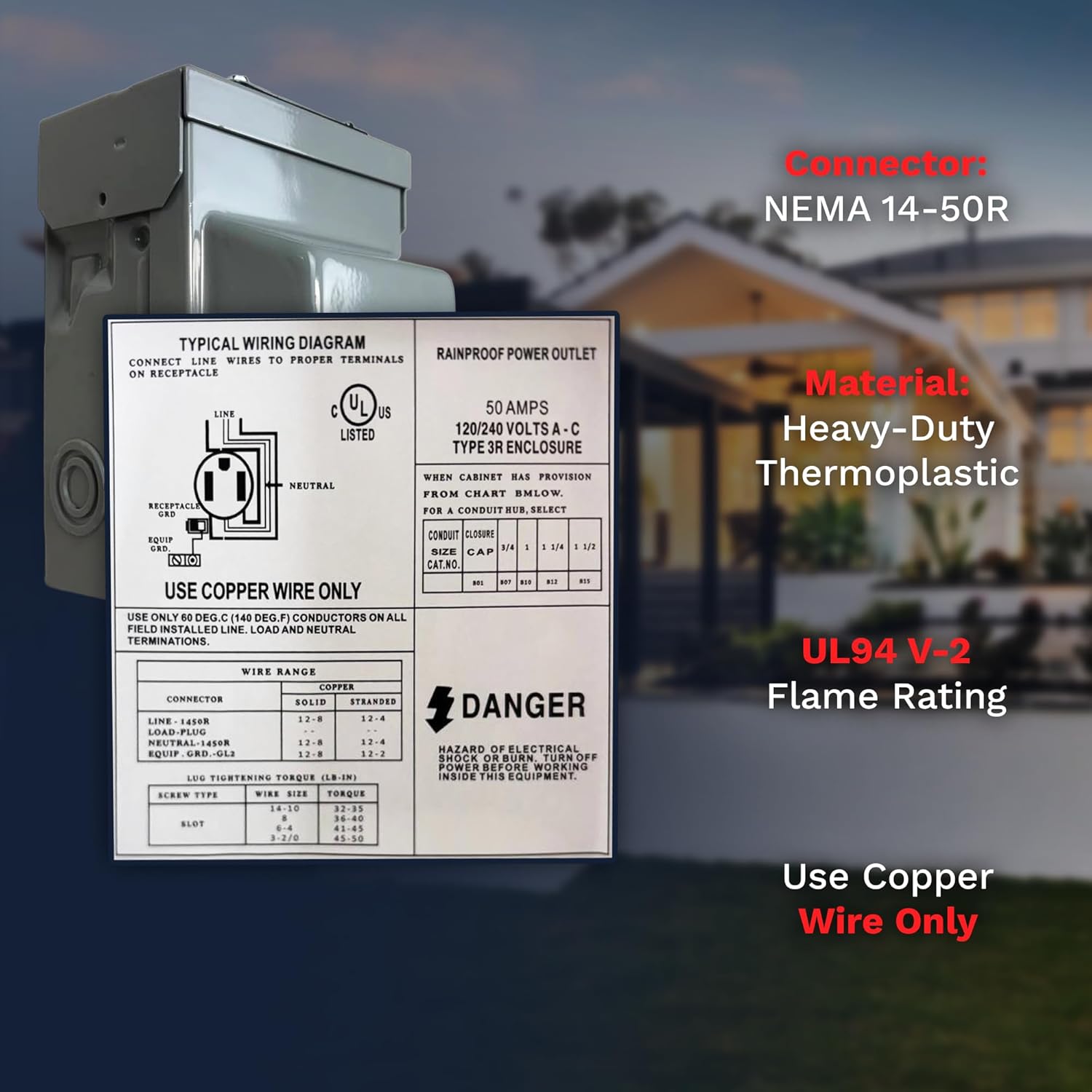 50 Amp RV Power Outlet Panel Box 120/240V A-C Type 3R Enclosure 14-50R Lockable Weatherproof Outdoor Electrical NEMA 14-50R Receptacle Panel, ETL Listed