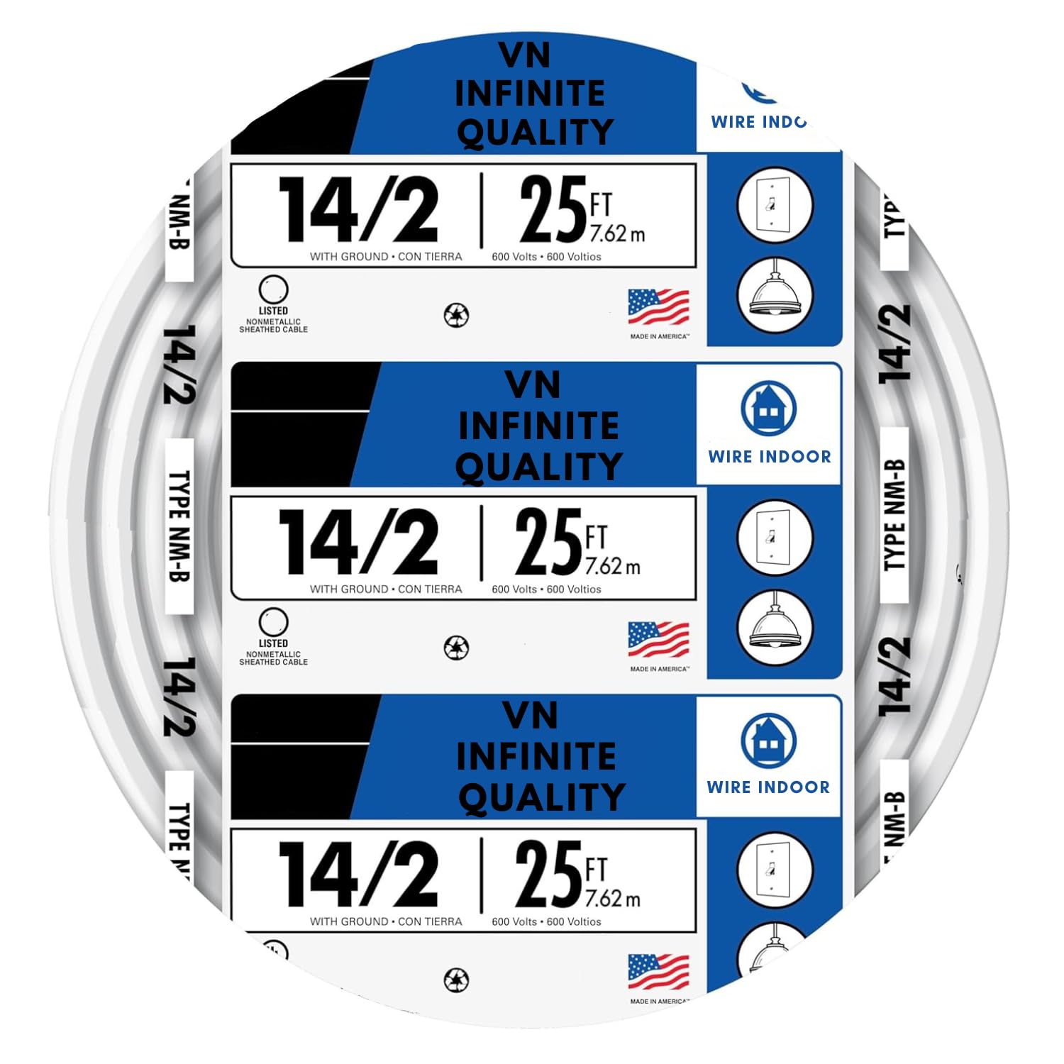 Solid Indoor Wire 14/2 W/G NMB Cable 25ft-50ft-250ft Coil - Copper Building Wire Cable SW 28827423