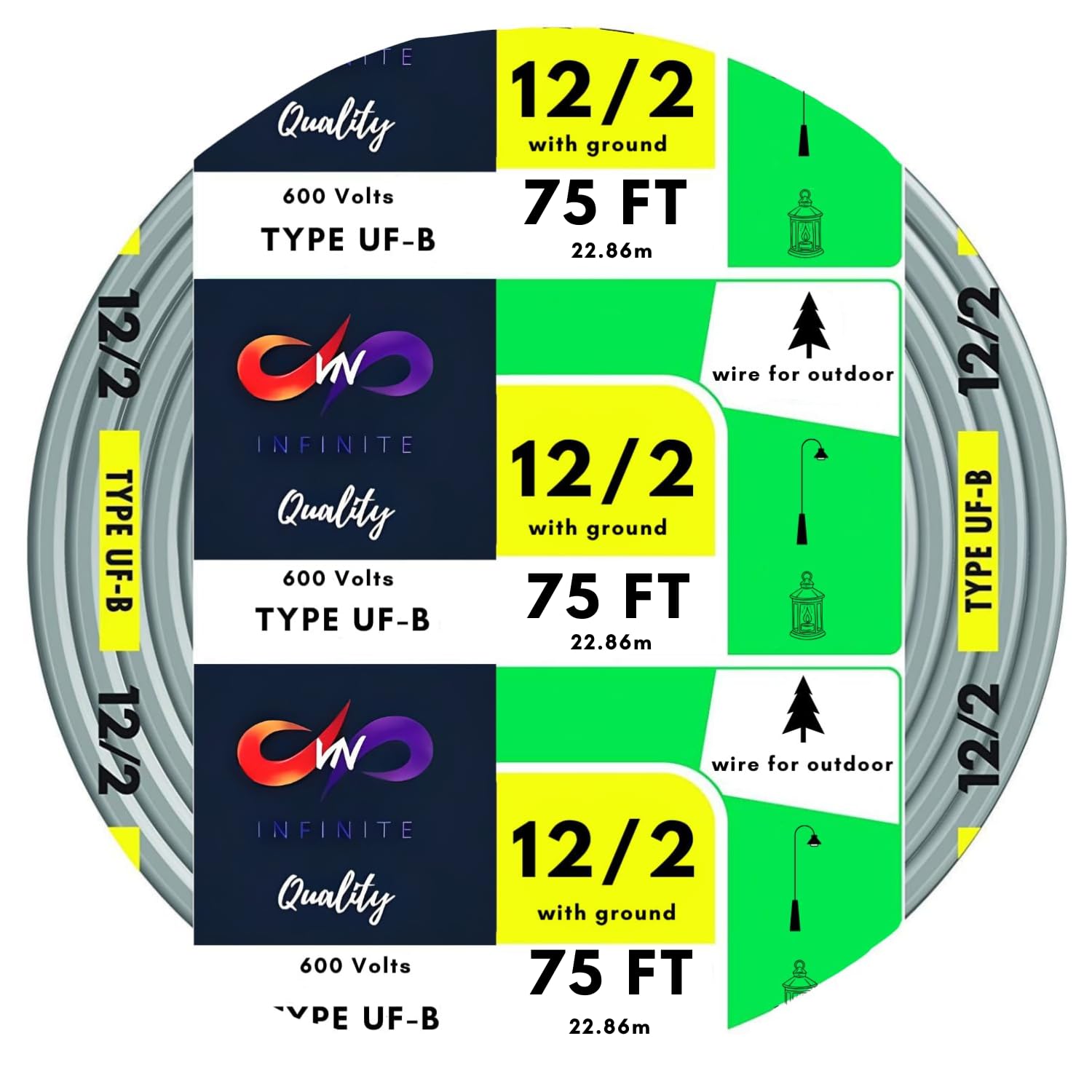 12/2 UF-B Wire Gray Solid Underground Feeder Cable 25ft - 50ft - 75ft Coil