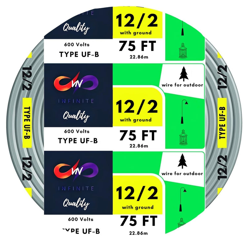 12/2 UF-B Wire Gray Solid Underground Feeder Cable 25ft - 50ft - 75ft Coil