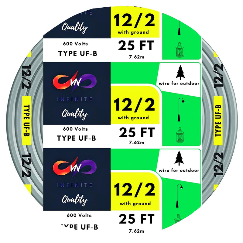 12/2 UF-B Wire Gray Solid Underground Feeder Cable 25ft - 50ft - 75ft Coil
