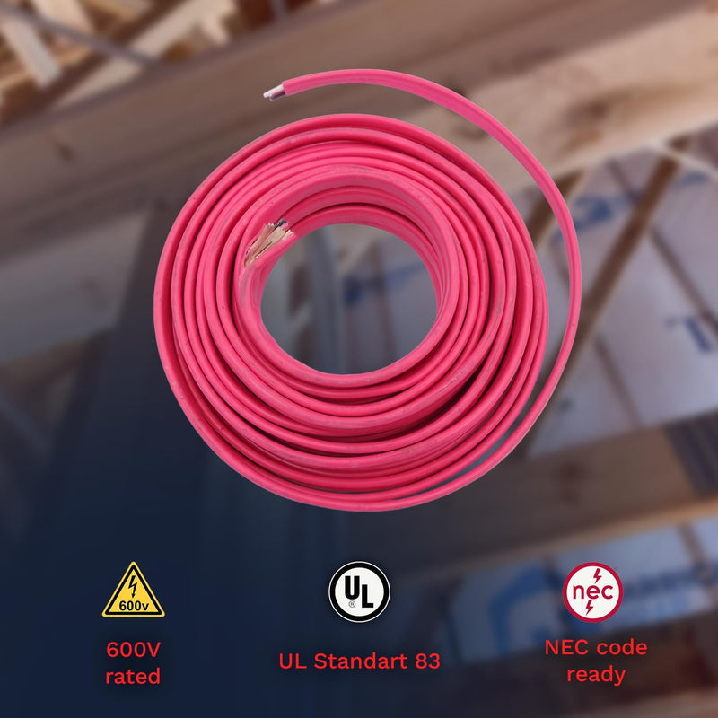 10/3 NM-B Copper Electrical Wire 10 Gauge 25ft - 50ft - 75ft - 100ft Coil, 3 Conductors with Groun Non-Mettalic, Sheathed Cable, Residential Indoor Pink
