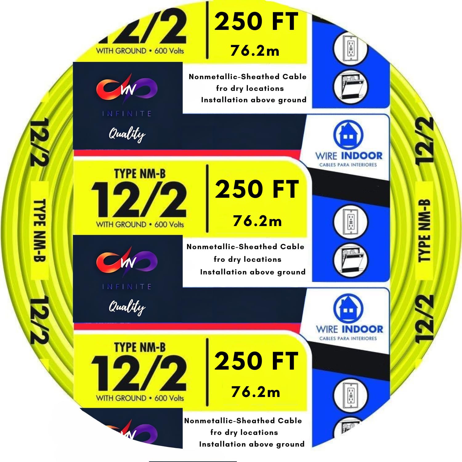 12/2 Type W/G NM-B Solid Indoor Sheathed Cable 25ft - 50ft - 100ft - 250ft Coil, Yellow Electrical Wire 12 Gauge Wire 2 Conductors Non-Metallic with Ground Wire