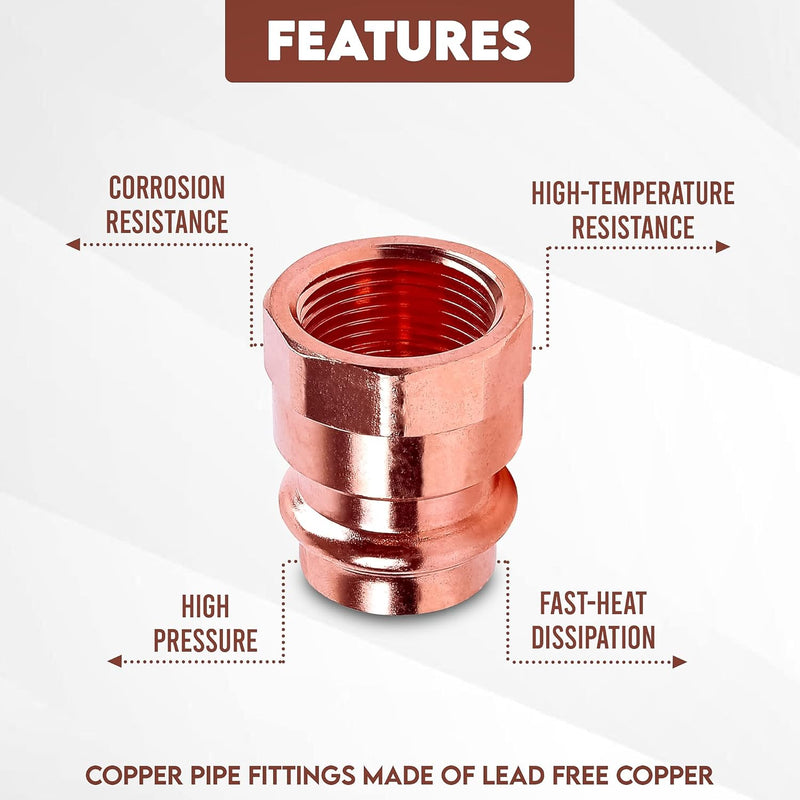 1/2" - 3/4" Copper Press Female Adapter –  FIP x Press LF ProPress Female NPT x Press Connection – Durable Adapter Pressure Copper Fitting for Commercial and Residential High-Pressure Systems