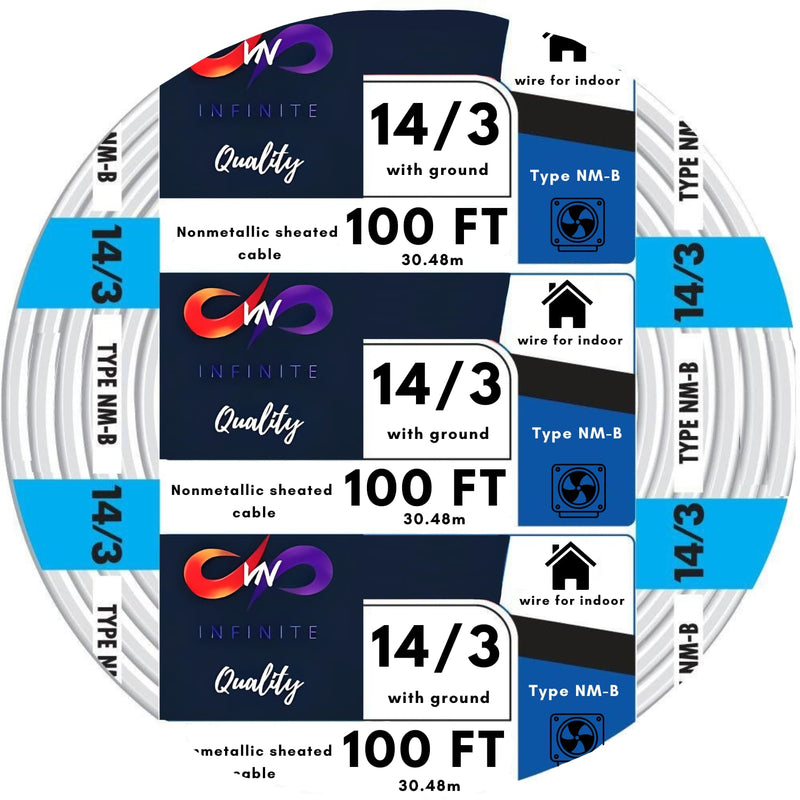 Solid Indoor Wire 14/3 W/G NMB Cable 25ft - 50ft - 100ft - 250ft Coil - Copper Building Wire - Nonmetallic with Ground Sheathed Cable White SW 63946855