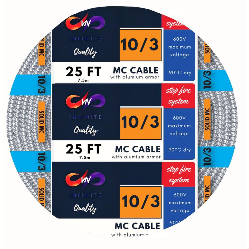 MC Cable 10/3 - Metal Clad 25ft - 50ft - 100ft - 125ft, Coil Aluminium Armor Stranded Copper Conductor - Cable for Indoor
