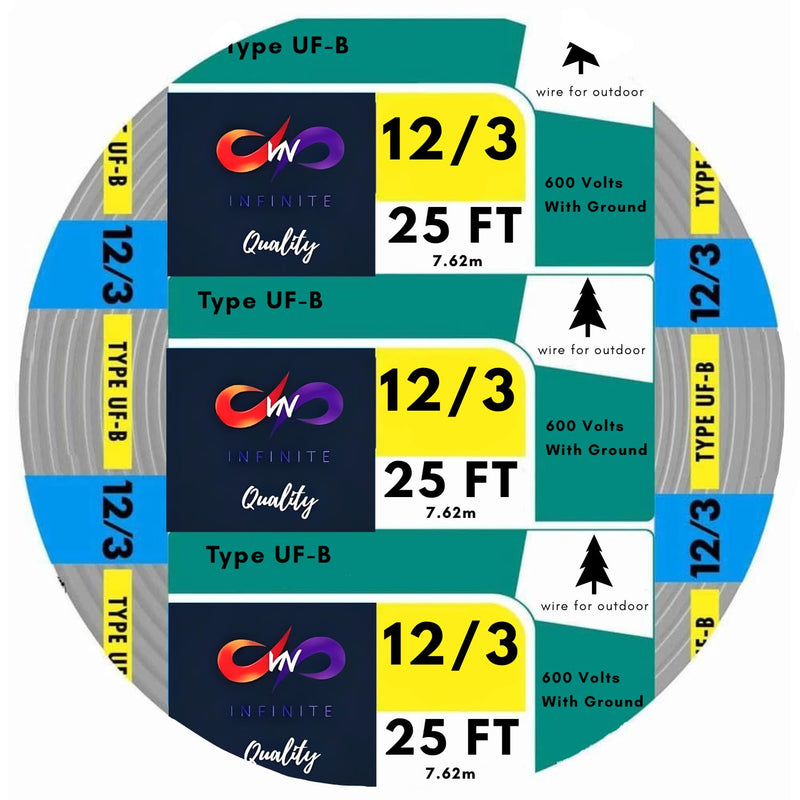 Electrical Wire 12/3 UF-B Underground Feeder and Branch Circuit Cable, 25ft - 50ft Coil, Gray Cable Outdoor and Indoor Wire